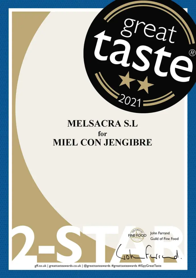 2 Estrella Great Taste Awards” / “Miel de Jengibre Galardonada